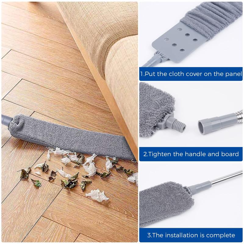 Retractable Gap Dust Cleaner Cleaning Tools with 2 Microfiber Dusting Cloths Long Handle 60inches Washable and Retractable Duster Brush for Cleaning Under Appliances Furniture Couch Fridge Sofa Sweep - Grey