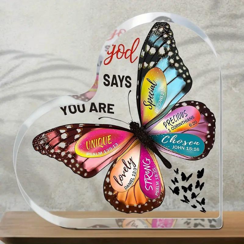 Butterfly Pattern Acrylic Heart Shaped Religious Ornament, 1 Count Bible Verse Gift, Inspirational Gift for Desktop Religious Decor