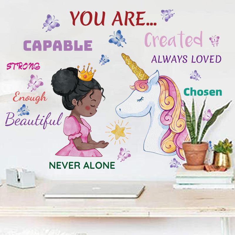 1 Set Cartoon Girl & Unicorn Pattern Wall Sticker, Slogan Graphic Creative Wall Decal, Wall Decorative Tiles Sticker for Home Bedroom Decoration, Cool Bedroom Accessories, Home Essentials