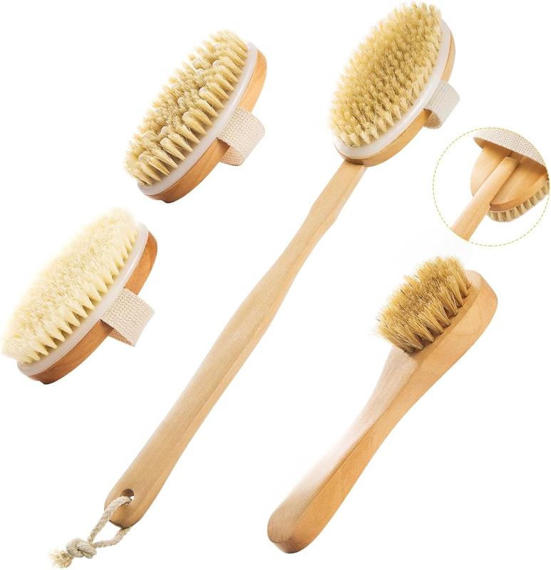 Dry Brushing  Brush Set  Long Handle with 3 Detachable Heads,  Brush, Scrubber  Bristle Exfoliator for Lymphatic Drainage and Cellulite, Scrubber for Shower