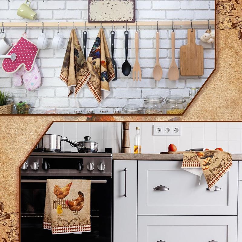 4 count Kitchen Towels Christmas Chicken Farm Dish Towels Farmhouse Vintage Rooster  Towels Rustic 16 x 24 Inch Hand Towels for Bathroom(Classic Color,Rooster)