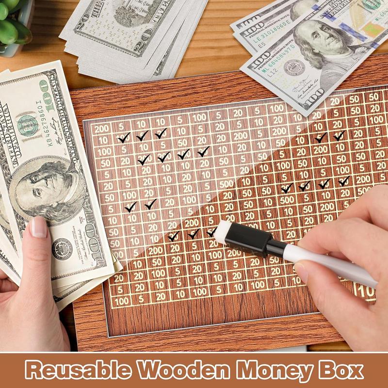 Wooden Money Box Money Bank, Countdown Money Saving Box with 10000 Dollars Target, Money Box with Money Target and Numbers to Check for Boys Girls (10000 USD) Decor Piggy Ornaments