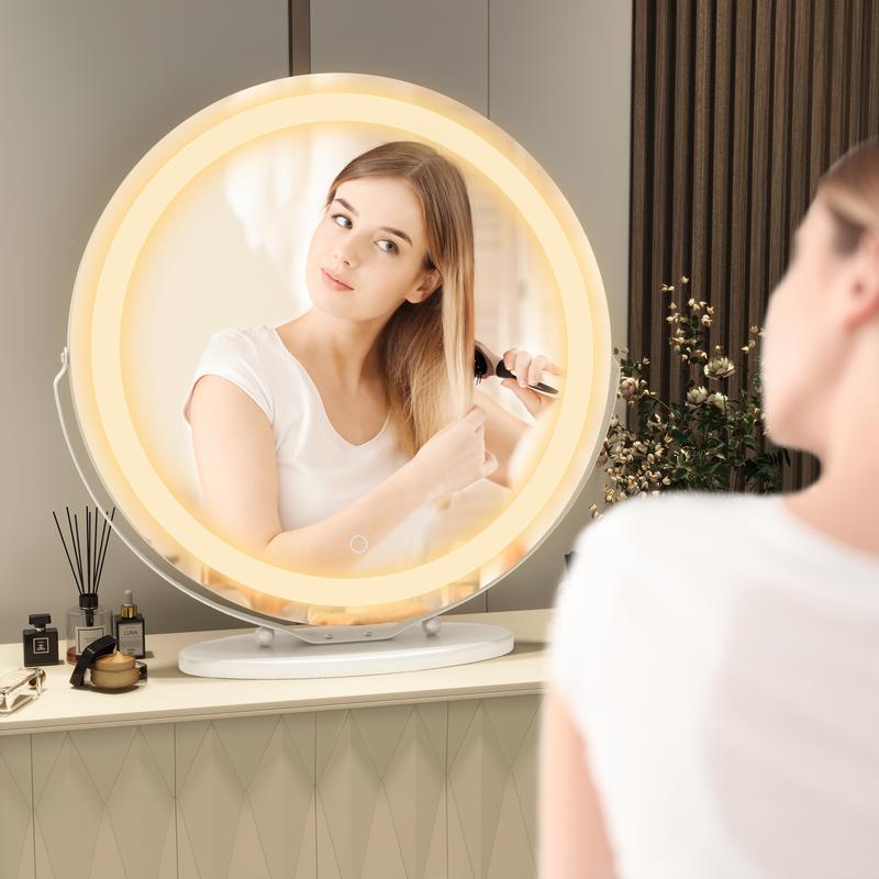 FENNIO 20inches Vanity Mirror with Lights, 3 Colors Dimmable, Round Lighted Makeup Mirror, 360°Rotation, Smart Touch, White Gold, Best Decor Gift