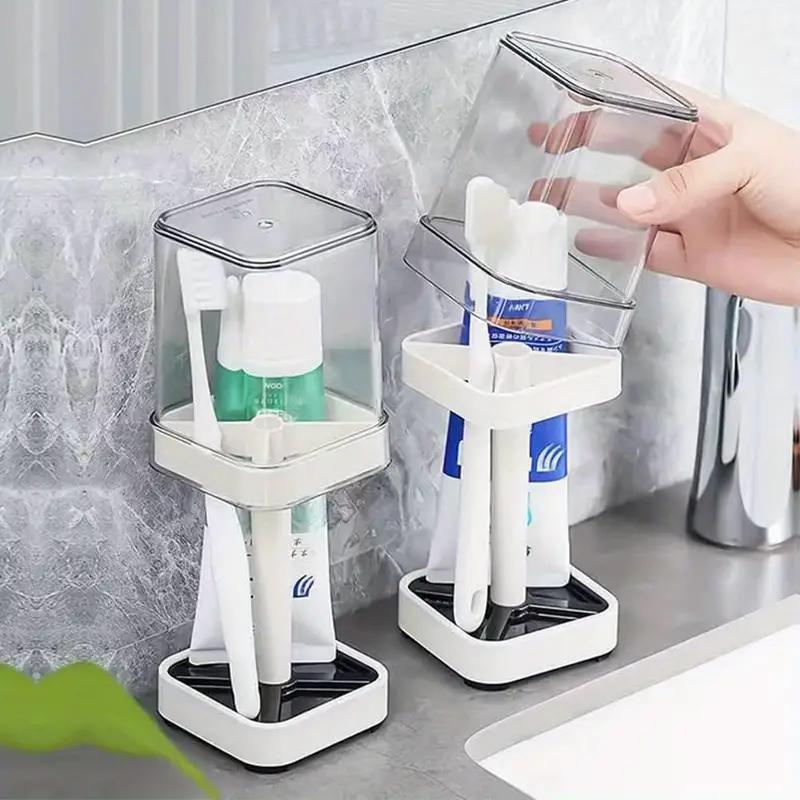 Toothbrush Holder with Cover, 1 Count Family Toothbrush & Toothpaste Rack, Bathroom Counter Organizer for Electric Toothbrushes Floss Razors