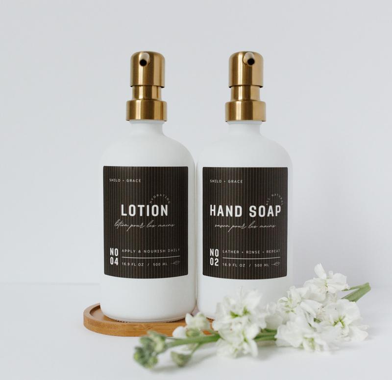 White 16oz Glass Soap Dispenser Set with Non-Slip Bamboo Tray | Gold Stainless Steel Pumps | 12 Matte Waterproof Labels - Hand Soap, Dish Soap, Lotion | Premium anthropologie Kitchen and Bathroom soapdispenser