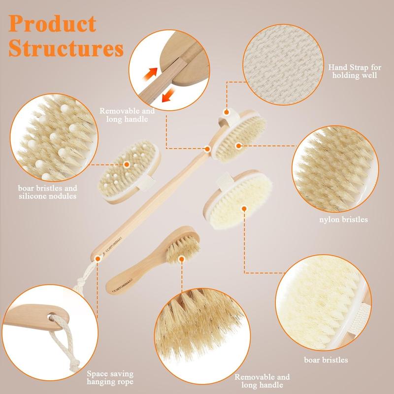 Dry Brushing  Brush Set  Long Handle with 3 Detachable Heads,  Brush, Scrubber  Bristle Exfoliator for Lymphatic Drainage and Cellulite, Scrubber for Shower