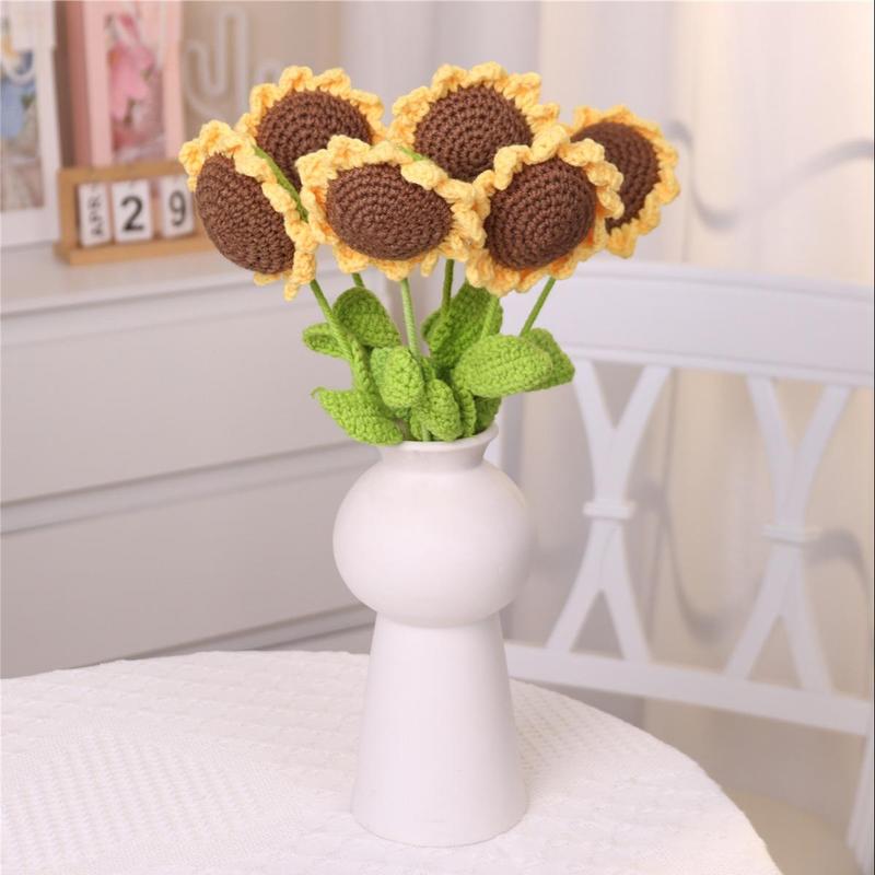 Sunflower Design Crochet Flower, 7 Counts set Artificial Handmade Crochet Flower without Vase,  Sunflower Bouquet, Home Decor for Living Room Bedroom, Summer Gifts