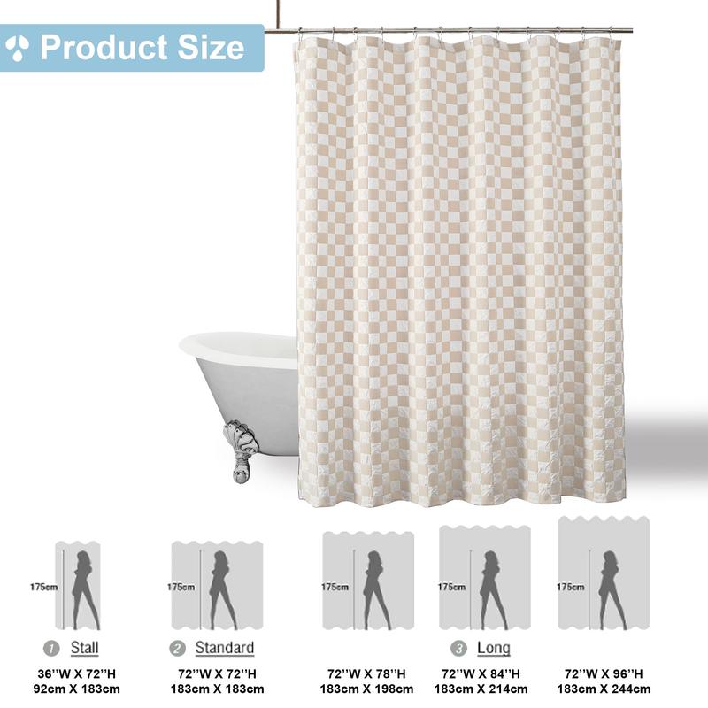 3D Embossed Fabric Shower Curtain, White and Taupe Checkered Shower Curtain for Bathroom, Country Farmhouse Checkboard Shower Curtain, Machine Washable Bath Shower Curtain, 72Wx72L