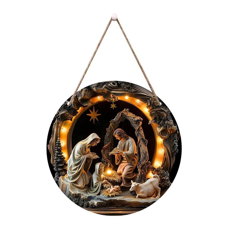 Wooden Jesus Birth Pendant, 1 Count Religious Decoration, Round Hanging Ornament, Home Decor for Living Room Bedroom Church