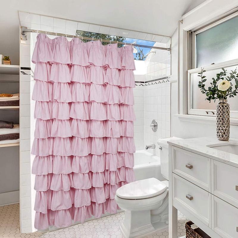 Charming Pink Ruffle Shower Curtain - Farmhouse Rustic Fabric Cloth, Premium Bathroom Decor. Soft and Elegant Pink Shower Curtain for a Cozy Farmhouse Bathroom. Rustic Chic Pink Ruffle Fabric Shower Curtain, Ideal for Bathroom Makeover.