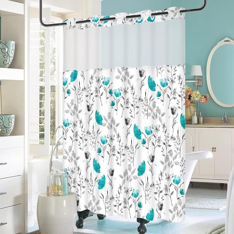 No Hooks Shower Curtain with Snap in Liner,  Floral Shower Curtain, See Through Shower Curtain Sets with Liner, Double Layer Bathroom Curtains for Hotel