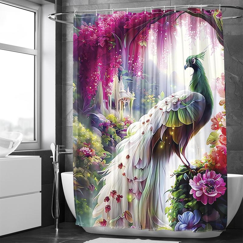 Peacock Print Bath Curtain with Hooks, 1 Count Modern Waterproof Shower Curtain with 1 Count Random Color Curtain Strap, Bathroom Accessories for Decor