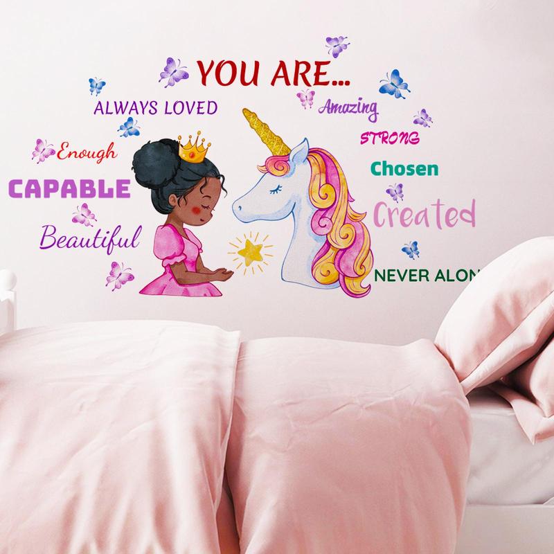 1 Set Cartoon Girl & Unicorn Pattern Wall Sticker, Slogan Graphic Creative Wall Decal, Wall Decorative Tiles Sticker for Home Bedroom Decoration, Cool Bedroom Accessories, Home Essentials