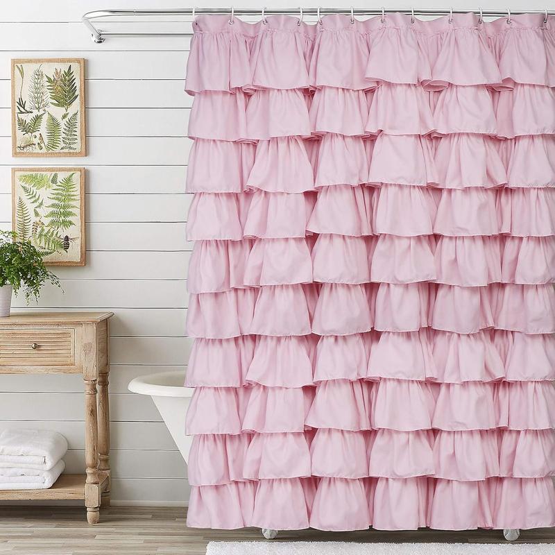 Charming Pink Ruffle Shower Curtain - Farmhouse Rustic Fabric Cloth, Premium Bathroom Decor. Soft and Elegant Pink Shower Curtain for a Cozy Farmhouse Bathroom. Rustic Chic Pink Ruffle Fabric Shower Curtain, Ideal for Bathroom Makeover.