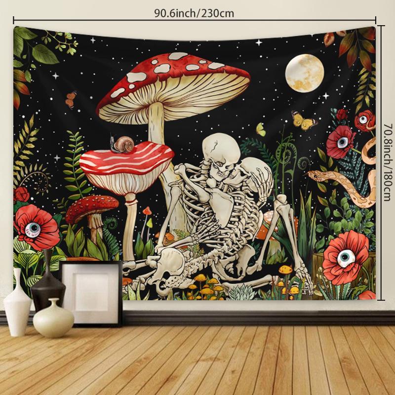 Halloween Mushroom & Bone Printed Tapestry, 1 Count Fantasy Flower Plant Aesthetics Tapestry for Home Decor, Halloween Decor 2024, Home Decoration Pendant, Room Accessories