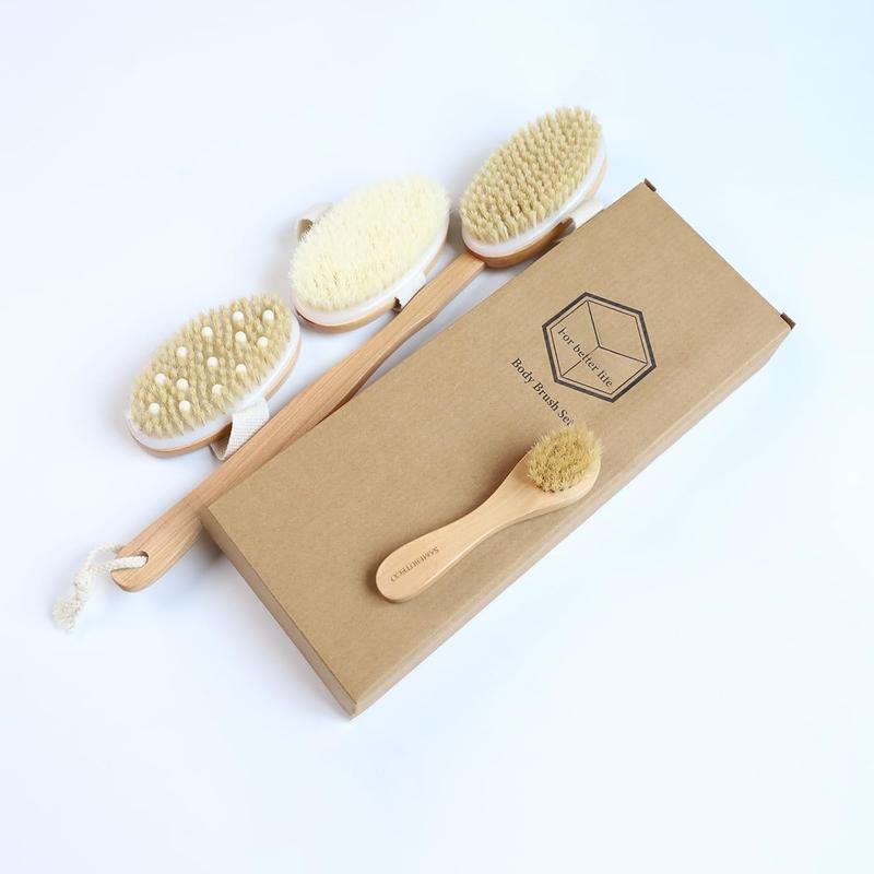 Dry Brushing  Brush Set  Long Handle with 3 Detachable Heads,  Brush, Scrubber  Bristle Exfoliator for Lymphatic Drainage and Cellulite, Scrubber for Shower