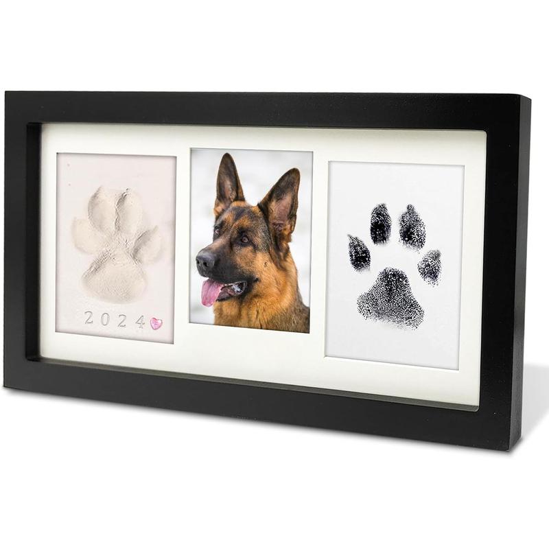 Oversized Paw Print Picture Frame Kit, Dog Cat Paw Print Kit, Paw Print Clay and Clean Touch Ink Pad, Wooden Pet Memorial Photo Frame - Black Decor