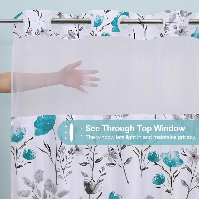 No Hooks Shower Curtain with Snap in Liner,  Floral Shower Curtain, See Through Shower Curtain Sets with Liner, Double Layer Bathroom Curtains for Hotel