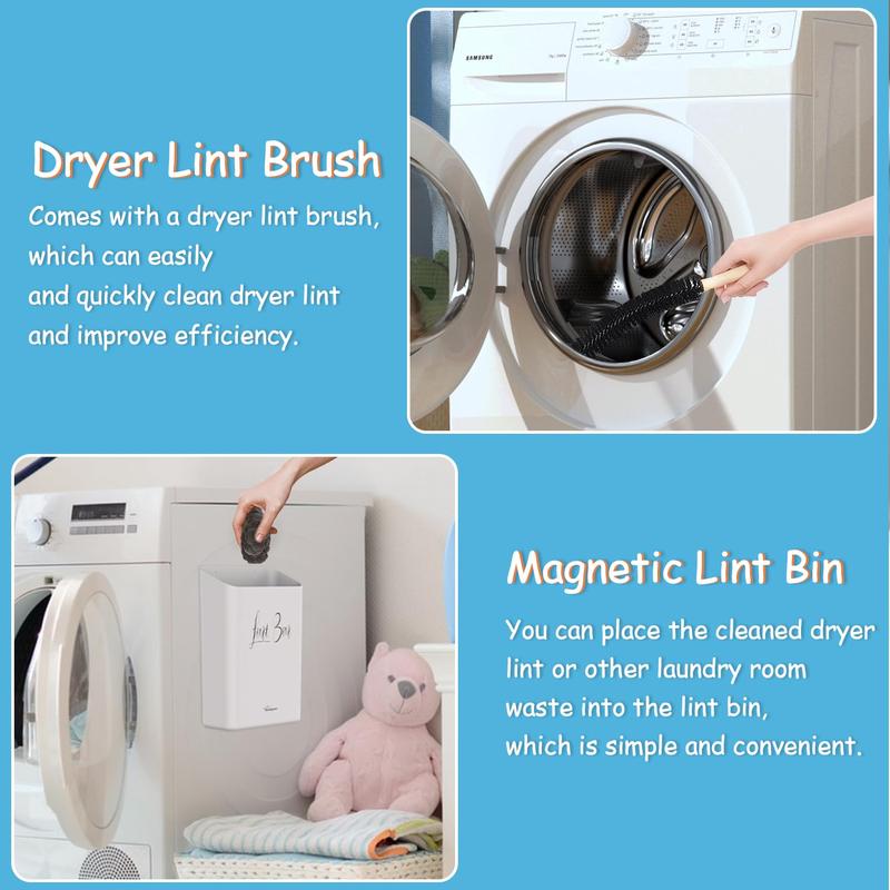 Magnetic Lint Bin for Laundry Room with Dryer Lint Brush, Wall Mounted Trash Can Space-Saving Laundry Organization and Storage, Gray White Cleaning Light Plastic