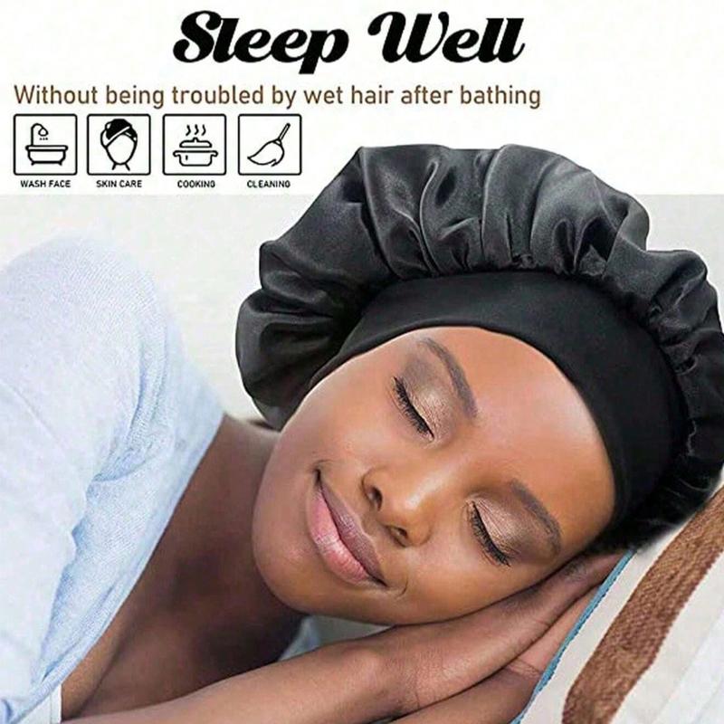 2pcs Women Solid Color Wide Brim Elastic Satin Soft Comfortable Breathable Everyday Hair Care Sleep Cap