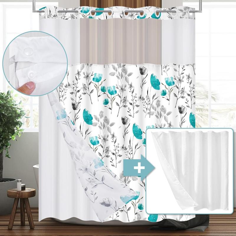 No Hooks Shower Curtain with Snap in Liner,  Floral Shower Curtain, See Through Shower Curtain Sets with Liner, Double Layer Bathroom Curtains for Hotel