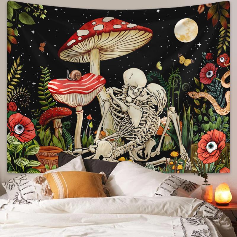 Halloween Mushroom & Bone Printed Tapestry, 1 Count Fantasy Flower Plant Aesthetics Tapestry for Home Decor, Halloween Decor 2024, Home Decoration Pendant, Room Accessories