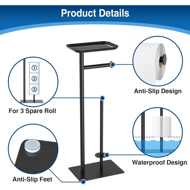 Black Toilet Paper Holder Stand with Top Storage Shelf, Free Standing Toilet Roll Dispenser for Bathroom, Holds 4 Reserve Rolls