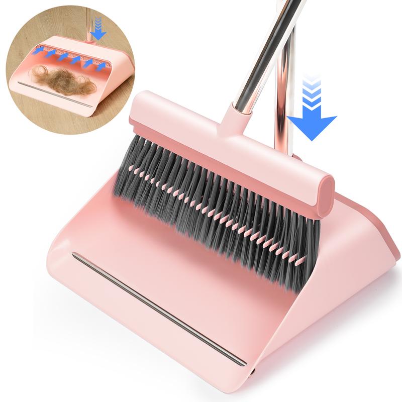 Pink Broom and Dustpan Set-Self-Cleaning with Dustpan Teeth, Large Upright Duspan and brush with 53.14'' Long Adjustable Handle for Indoor&Outdoor Sweeping, Home Kitchen Office Restaurant Hall Floor