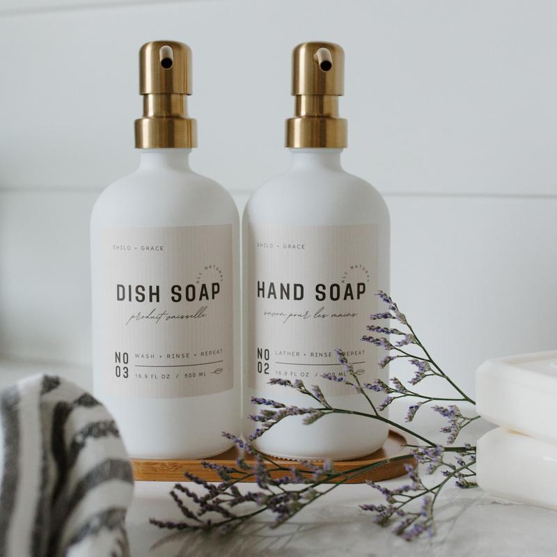 White 16oz Glass Soap Dispenser Set with Non-Slip Bamboo Tray | Gold Stainless Steel Pumps | 12 Matte Waterproof Labels - Hand Soap, Dish Soap, Lotion | Premium anthropologie Kitchen and Bathroom soapdispenser