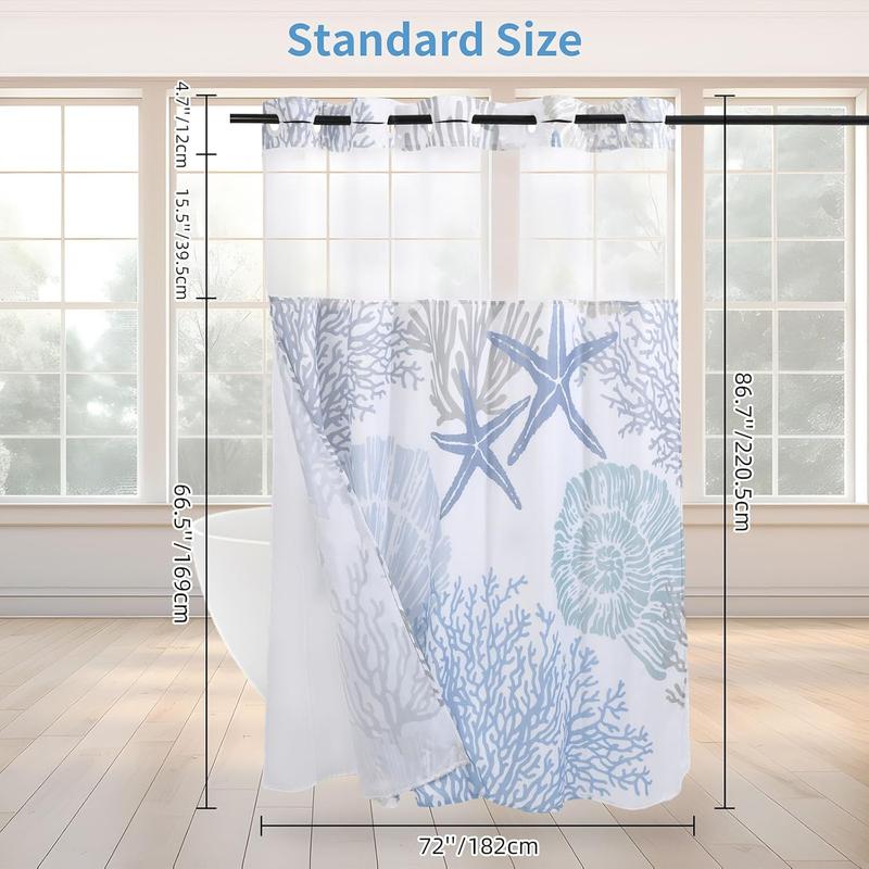 No Hook Shower Curtain with Snap in Liner, Nautical Coastal Seashell Beach Shower Curtains, Hotel Shower Curtain, Ocean Themed Shower Curtains for Bathroom Decor, 72