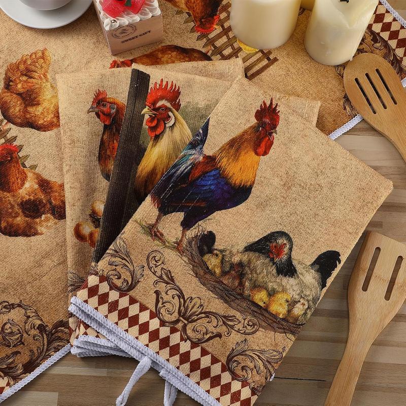 4 count Kitchen Towels Christmas Chicken Farm Dish Towels Farmhouse Vintage Rooster  Towels Rustic 16 x 24 Inch Hand Towels for Bathroom(Classic Color,Rooster)