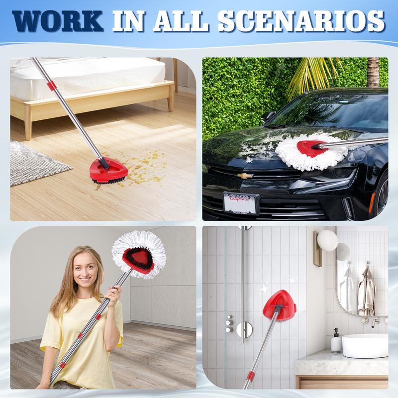 Spin Mop Head and Brush Replacement Compatible with O Cedar EasyWring 1-Tank System, 4 Mop Replace Heads, 1 Mop Handle, 1 Mop Base and 1 Mop Base Scrub Brush Combo Set