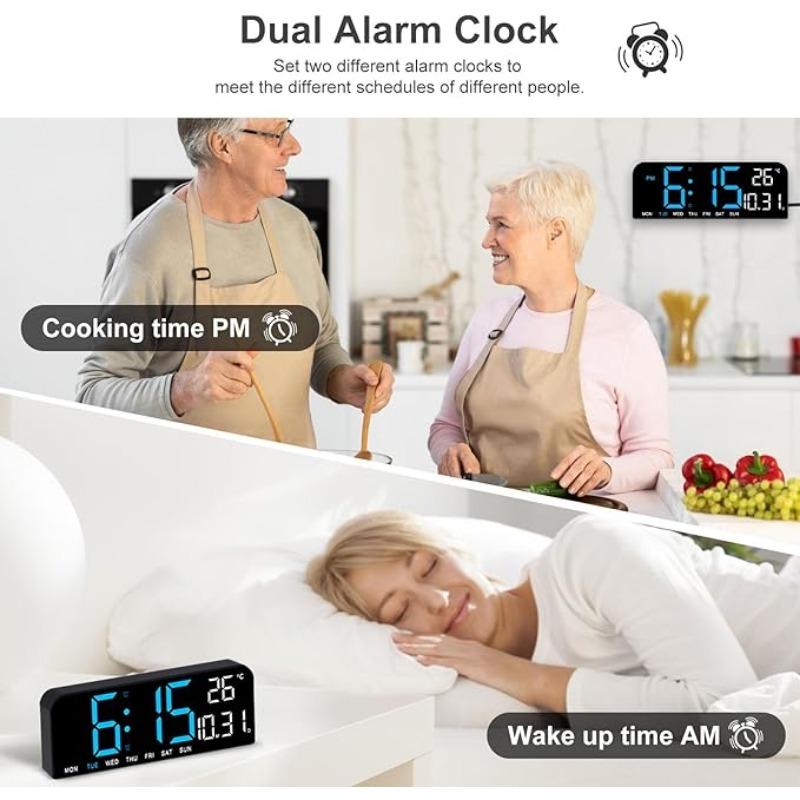 Digital Wall Clock Large Display,LED Wall Clocks for Living Room Decor, Digital Clock with Temperature DST Auto-Dimming Humidity Snooze - 12 24H, Silent Digital Clocks