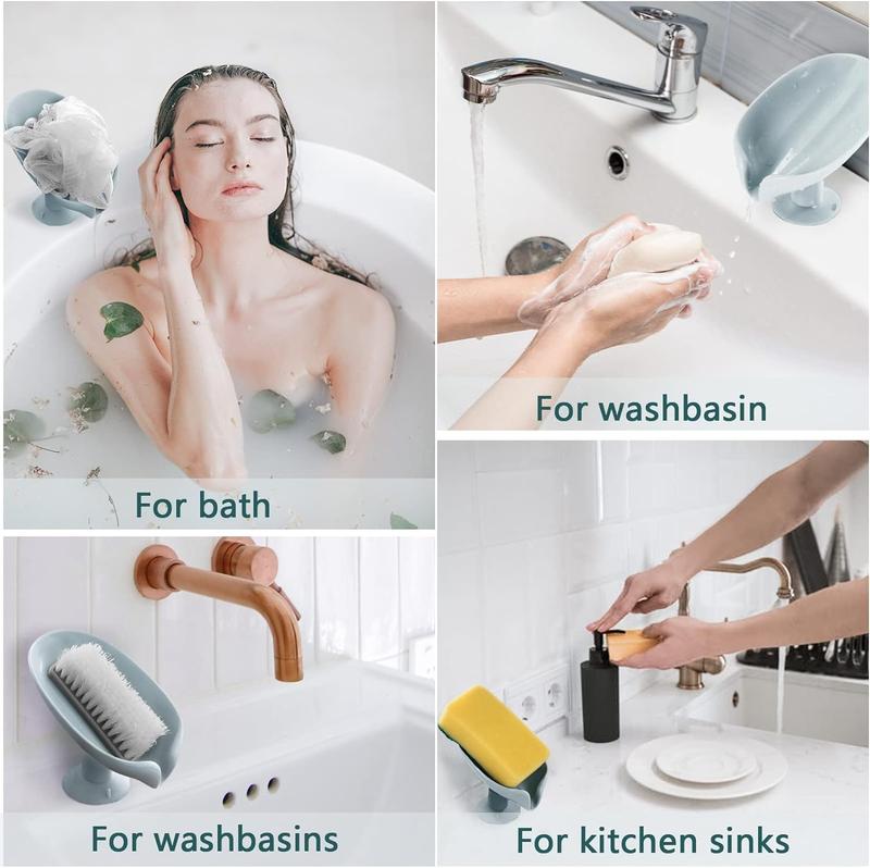 Leaf-Shape Self Draining Soap Holder Green, Easy Clean with Silicone Suction Cup Suitable for Shower, Bathroom, Kitchen Sink Soap Box Stand