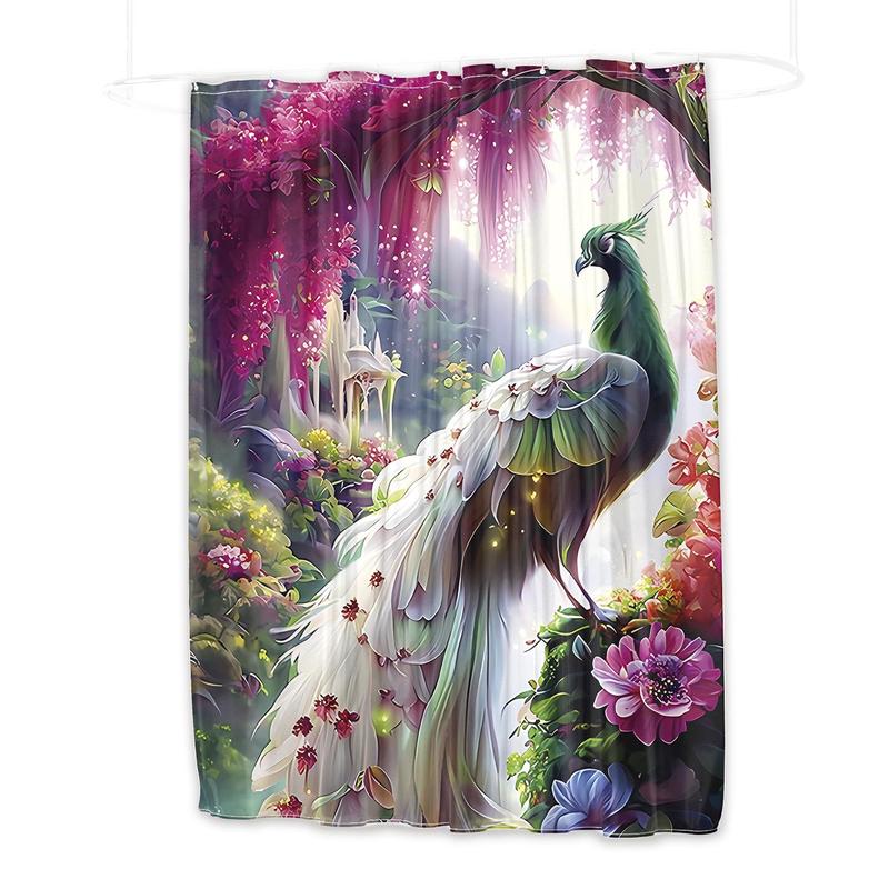 Peacock Print Bath Curtain with Hooks, 1 Count Modern Waterproof Shower Curtain with 1 Count Random Color Curtain Strap, Bathroom Accessories for Decor