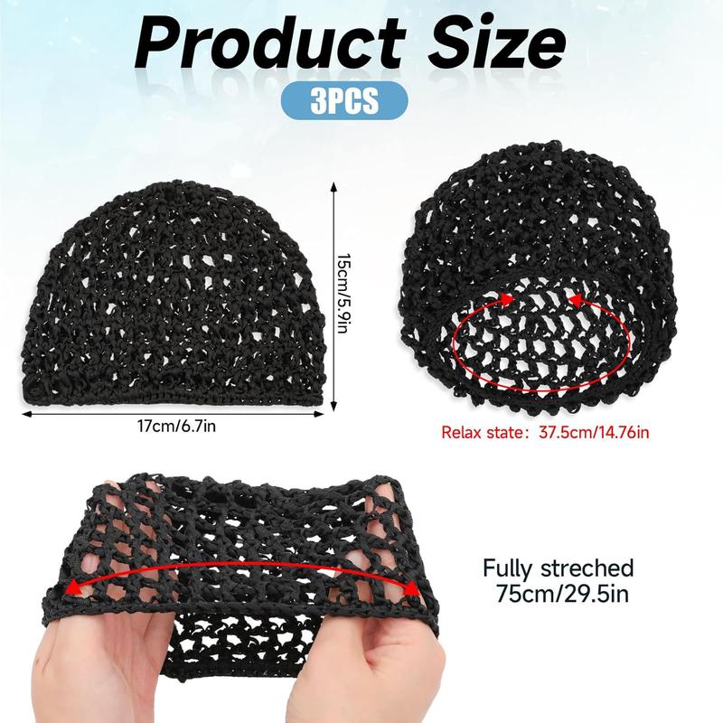 3count Crochet Hair Net, Hair Wrap Net, Mesh Wrapping Hair Nets Cap Soft Reusable Crocheted Sleep Cap for Women, Hair Wrap for Sleep Hair Silk Tidy (Black)