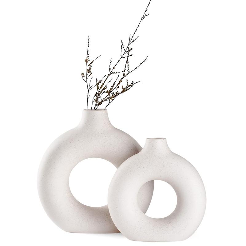 Ceramic Donut Vase Set of 2, Hollow Matte Pampas Flower Vases for Boho Home Wedding Party Room Dinner Table Shelf Decor