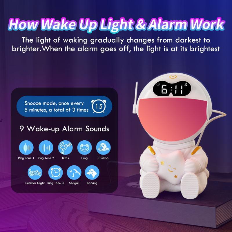 Astronaut Design Alarm Clock, USB Rechargeable Sunrise Simulation Alarm Clock with Wireless Speaker, Night Light, Gift