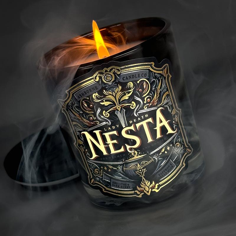 Nesta - ACOTAR inspired 8oz Scented Candle - Absinthe, Dark Berry, Saffron, Dread Musk - Natural Coconut Wax - 35 h Burn Time - Premium Foil Label