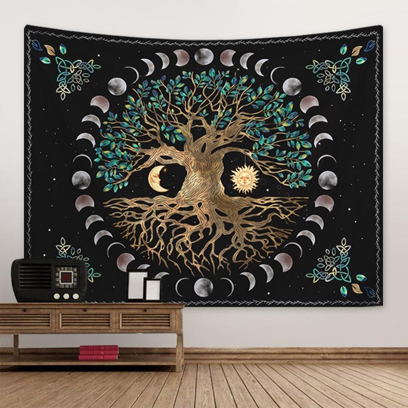 Festival Adornment, Tree Pattern Tapestry, Boho Mandala Tapestry, Hippie Sun & Moon Pattern Hanging Cloth, Fantasy Tree Print Tapestry polyester tapestry