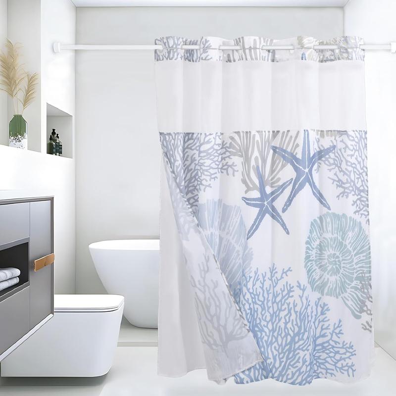 No Hook Shower Curtain with Snap in Liner, Nautical Coastal Seashell Beach Shower Curtains, Hotel Shower Curtain, Ocean Themed Shower Curtains for Bathroom Decor, 72