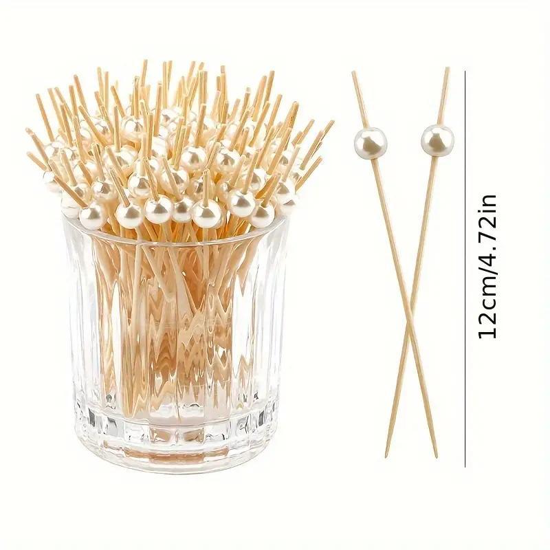 Bamboo Fruit Stick (100pcs), Faux Pearl Decor Cocktail Stick, Party Dessert Stick, Disposable Food Stick for Party, Festive & Party Supplies