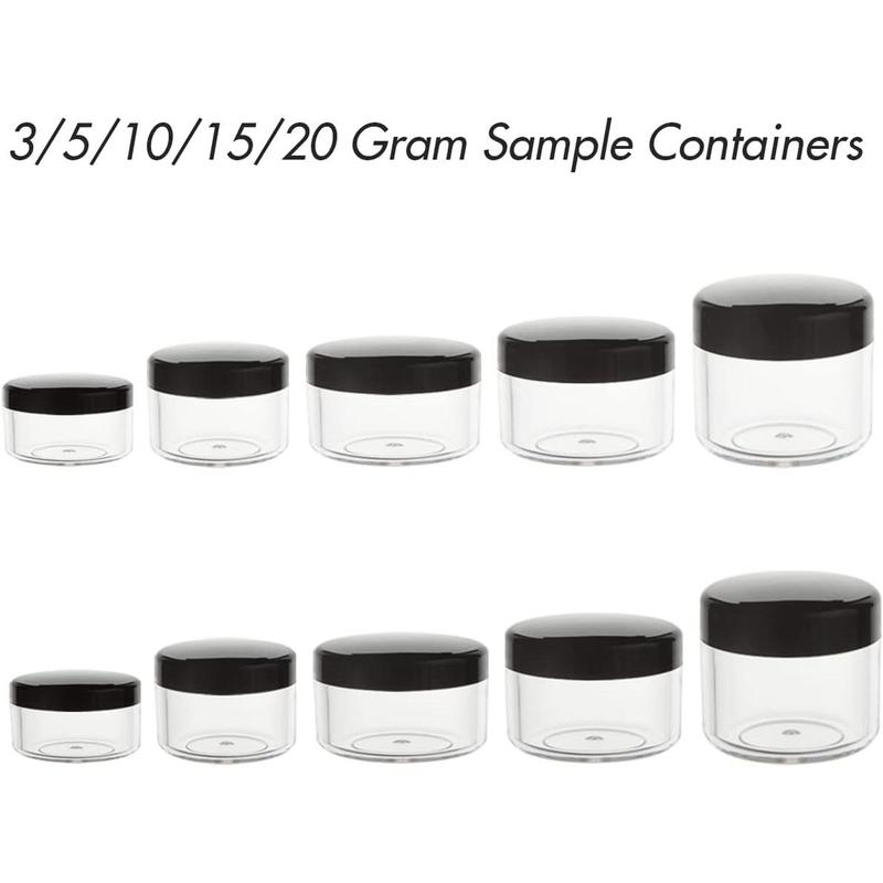 10pack Small Travel Containers, Black Sample Containers with Screw Lids, 5 Size 3 5 10 15 20 Gram Sample Jars with 12pack Labels and 2pack Mini Disposable Spatula, Makeup Sample Containers