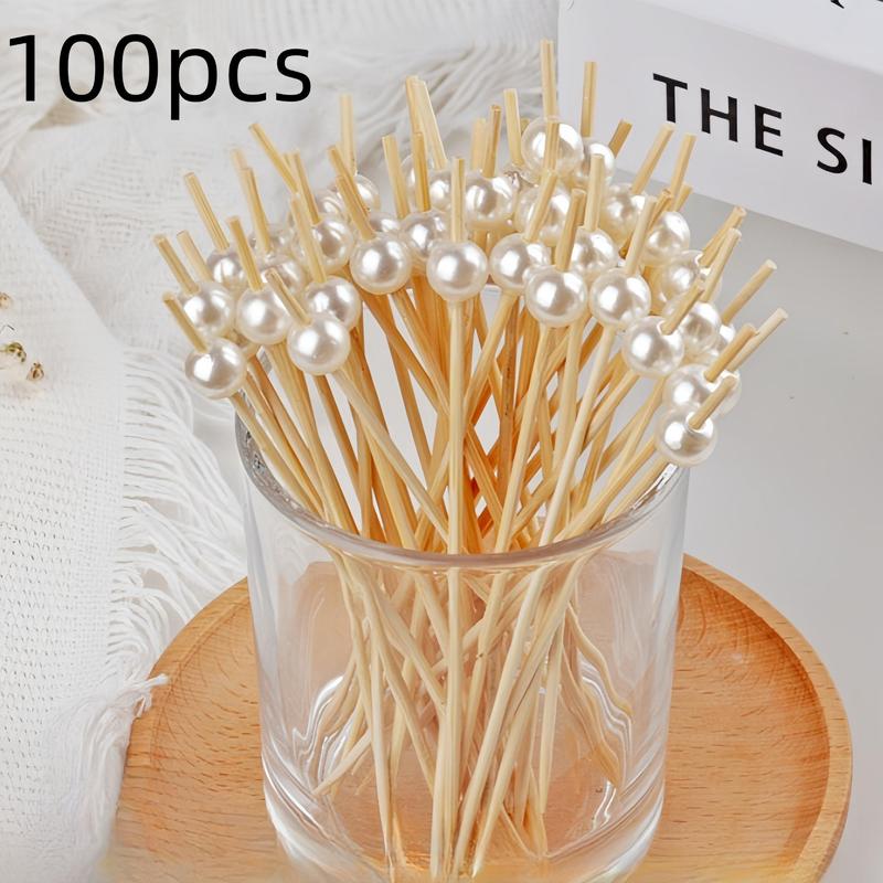 Bamboo Fruit Stick (100pcs), Faux Pearl Decor Cocktail Stick, Party Dessert Stick, Disposable Food Stick for Party, Festive & Party Supplies