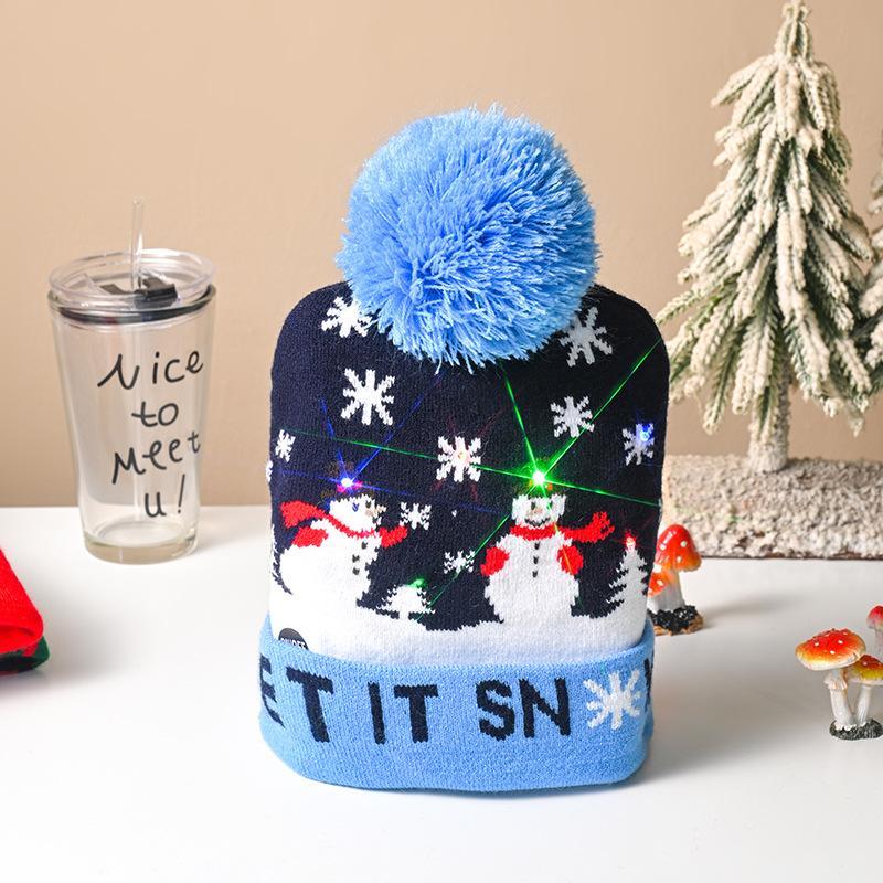 LED Light Up Christmas Pattern Knit Hat, 1 Count Unisex Winter Beanie Hat with Pom Pom, Festive & Party Supplies for Holiday Party