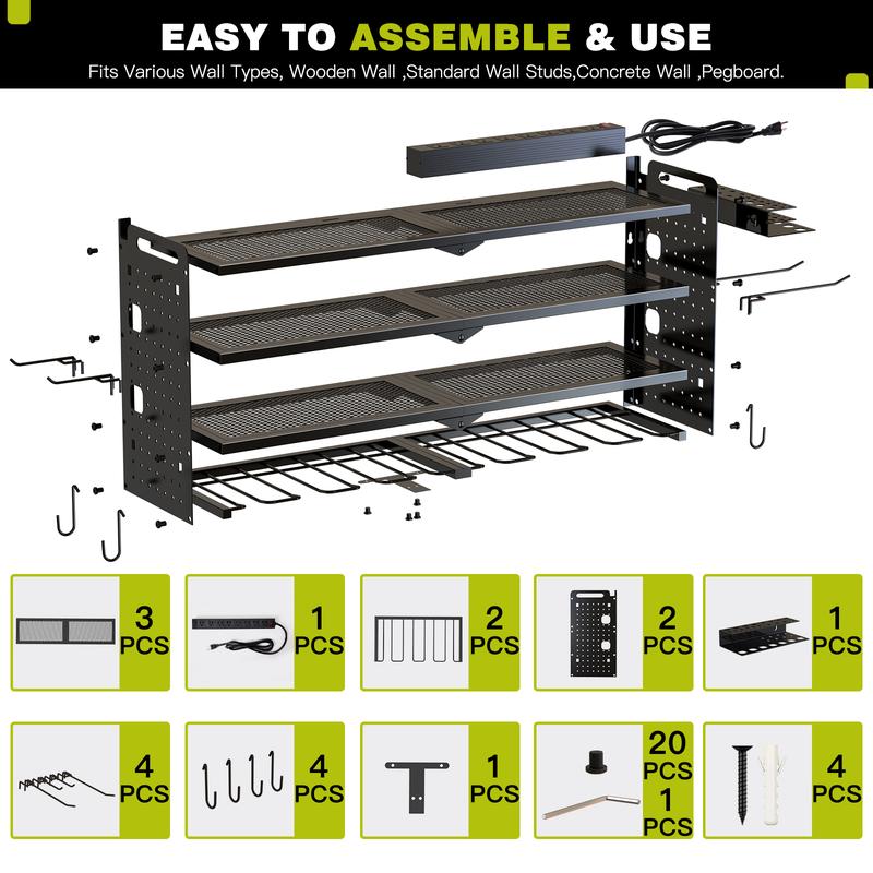 NattyDot Power Tool Organizer Wall Mount with Charging Station,Creator Recommendation Tool Rack, Cordless Tool Organizer 8 Drill Holder, 4 Layer Storage Rack for Garage Organization,Tool Holder with 8 Outlet Power Strip