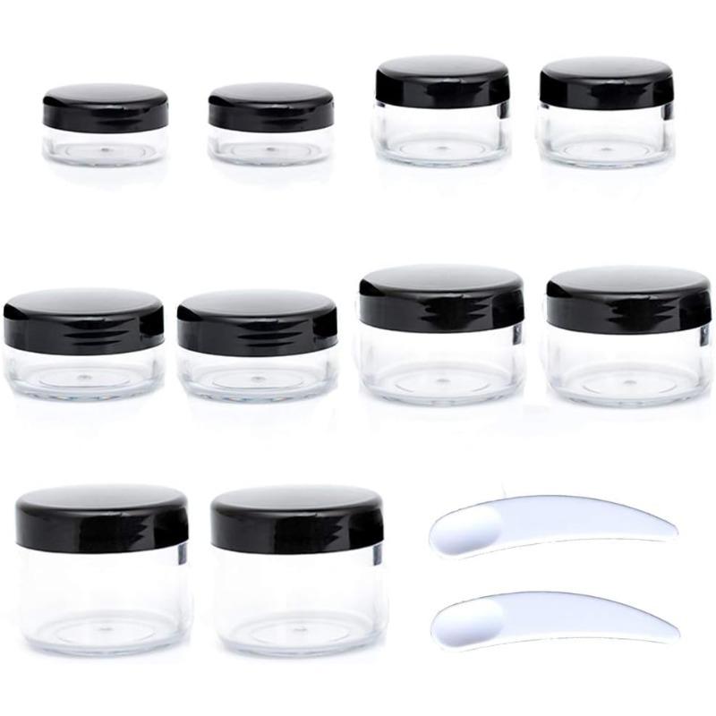 10pack Small Travel Containers, Black Sample Containers with Screw Lids, 5 Size 3 5 10 15 20 Gram Sample Jars with 12pack Labels and 2pack Mini Disposable Spatula, Makeup Sample Containers