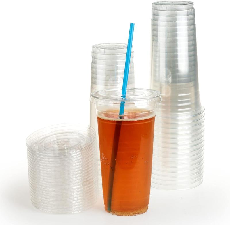 , 24oz-30sets. Clear Plastic Cups with Flat lids with Straw Slot(30Cups + 30lids)