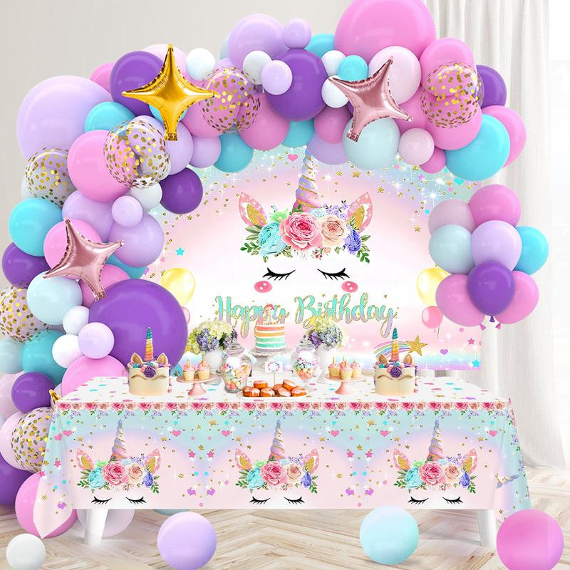 Unicorn Balloon Backdrop Tablecloth Set,118pcs Latex Balloon Unicorn Theme Happy Birthday Backdrop Tablecloth, Girls Women Birthday Party Decor