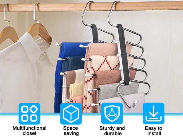 MECHEER 2 Pack Space Saving Pants Hangers with 5 Layers, Non-Slip Stainless Steel Jean Hangers for Closet Organizers and Storage Hanging